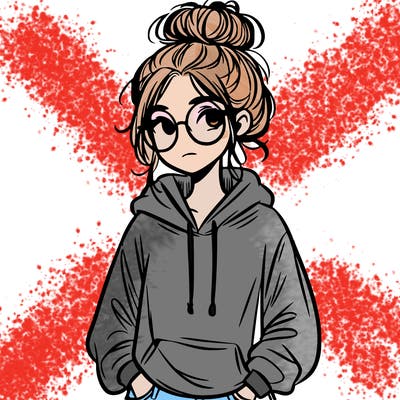 teen girl with a messy bun and glasses wearing a loose hoodie and jeans