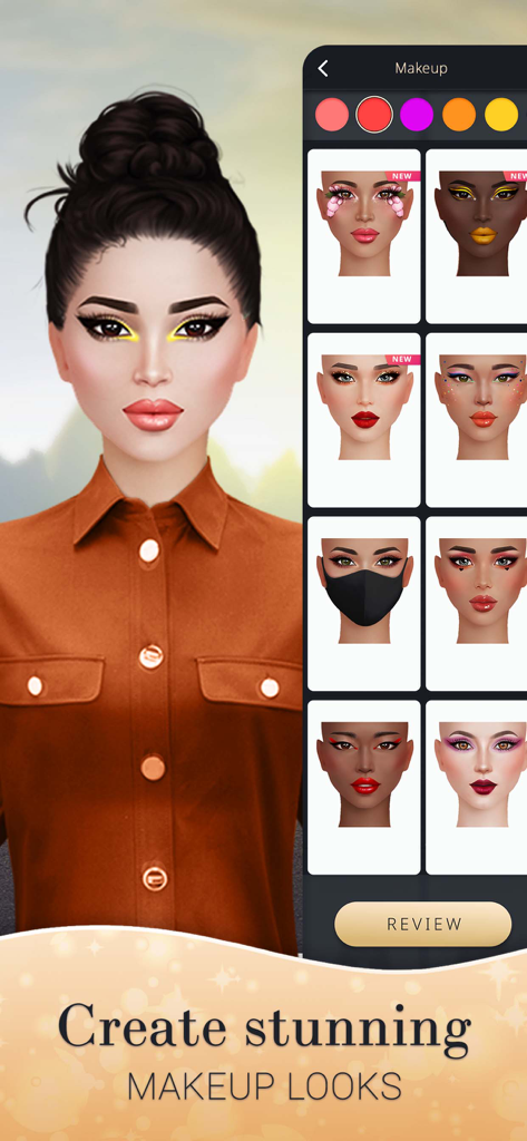 Fashion Nation: Style & Fame - A menu showing various makeup looks and color options for a model in the Fashion Nation game