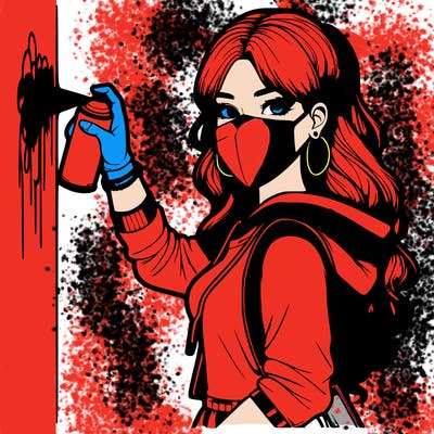 realistic girl with mask spray painting a wall