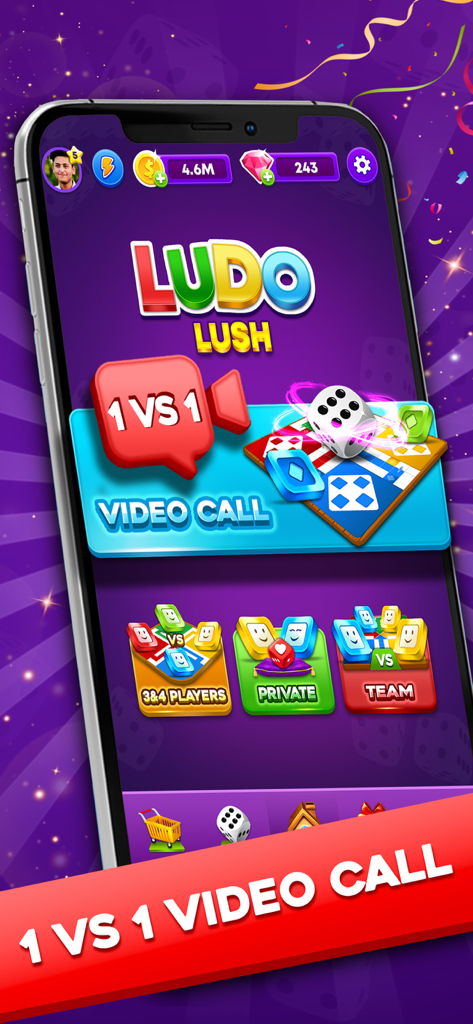 A screenshot of the Ludo Lush mobile app menu showcasing the 1 vs 1 video call feature and multiple game modes like private and team play