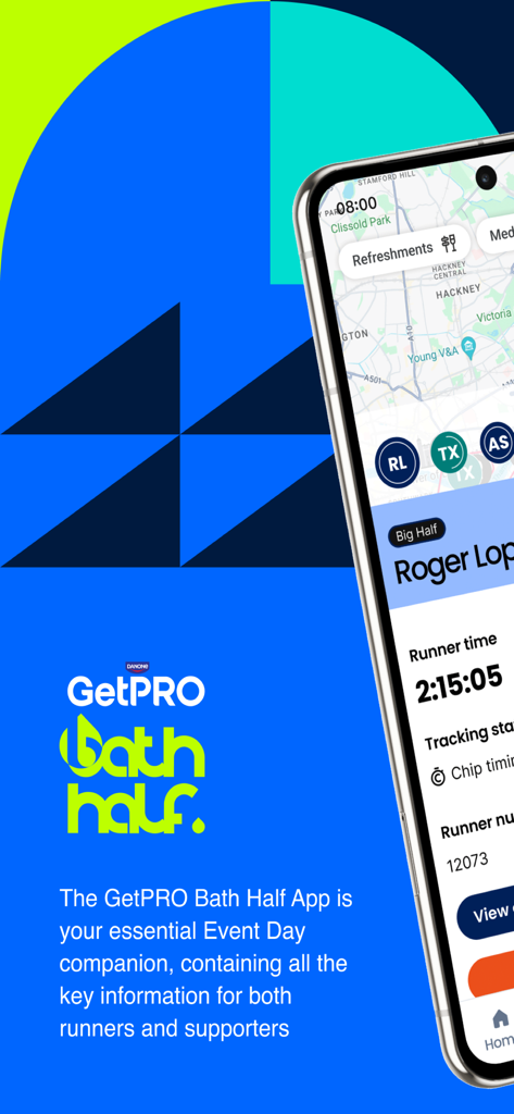 GetPRO Bath Half App-Oberfläche, die Live-Läufer-Tracking und Veranstaltungsdetails anzeigt