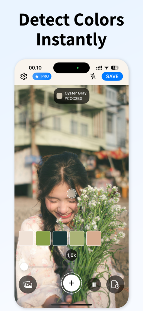 Interface of Color Finder app identifying Oyster Gray color and HEX code from a live camera view