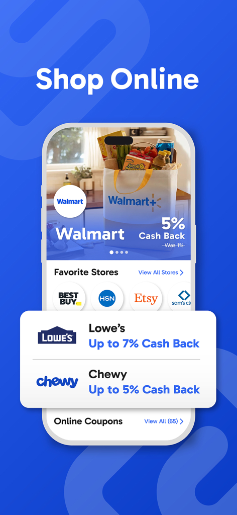 Swagbucks app interface showing cash back rewards for online shopping at major retailers like Walmart and Lowes