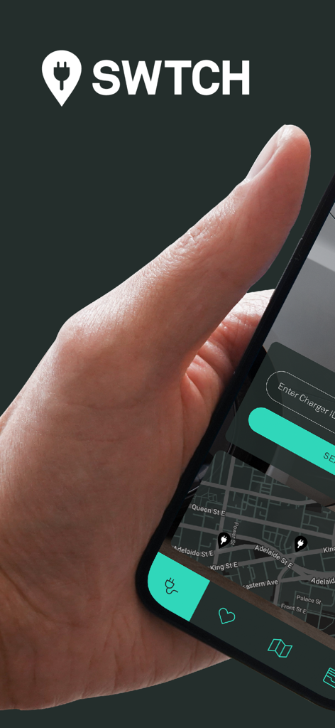 SWTCH - Hand holding a smartphone showing the SWTCH EV charging app map interface