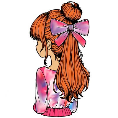 realistic girl  with hip length hair a bun and a big bow on the back of head