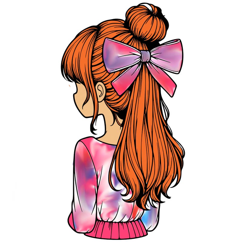 realistic girl  with hip length hair a bun and a big bow on the back of head