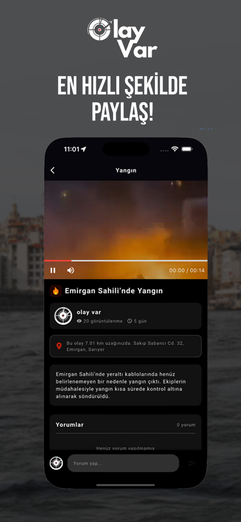 Olay Var - Olay Var app interface displaying a local fire incident report with video and location data