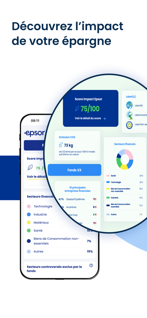 Epsor - Epsor mobile app screen showing investment impact scores and carbon footprint data for employee savings.