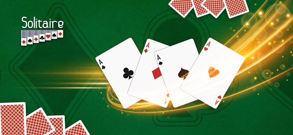 Solitaire card game banner showing four aces on a green felt background with golden light effects