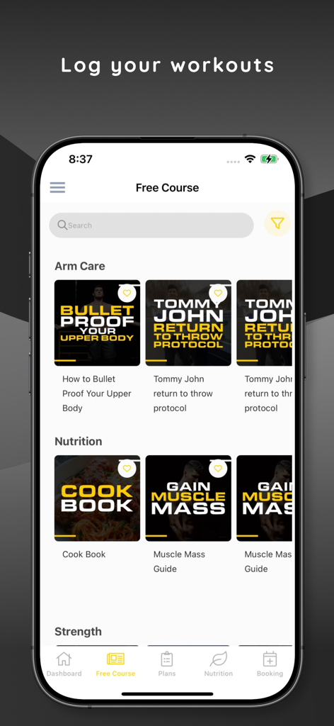 Jacked Javelin - Jacked Javelin Mobile App-Bildschirm mit kostenlosen Kursen für Armpflege, Ernährung und Krafttraining.