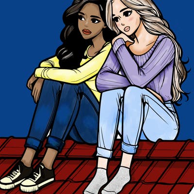 two realistic women sitting on a roof leaning on each other