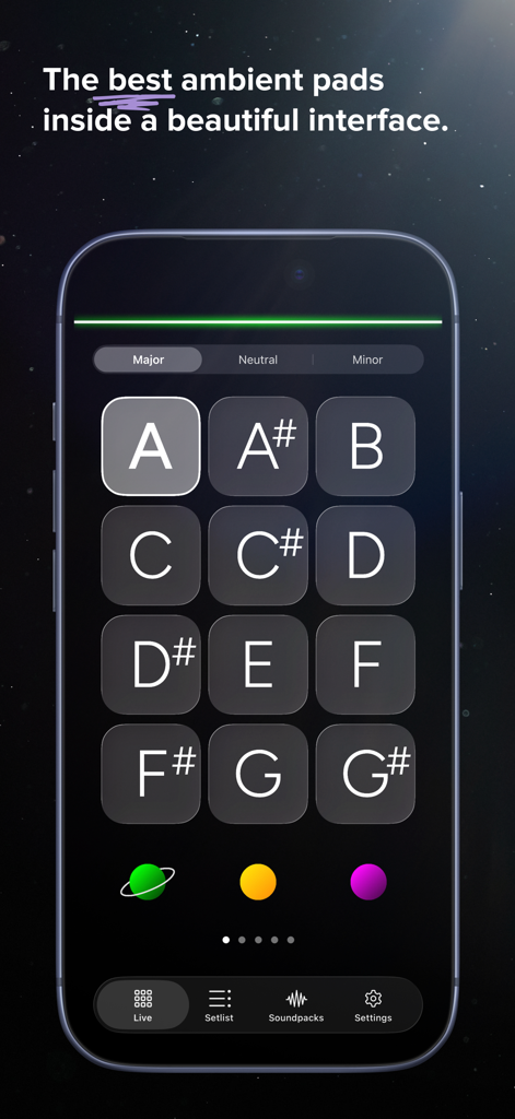 AeroPads - Pads & Soundscapes - Vista Live dell'app AeroPads che mostra una griglia di selezione delle tonalità musicali e un'interfaccia a tema spaziale.