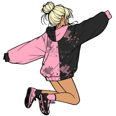 realistic girl jumping with a bun and oversized sweatshirt