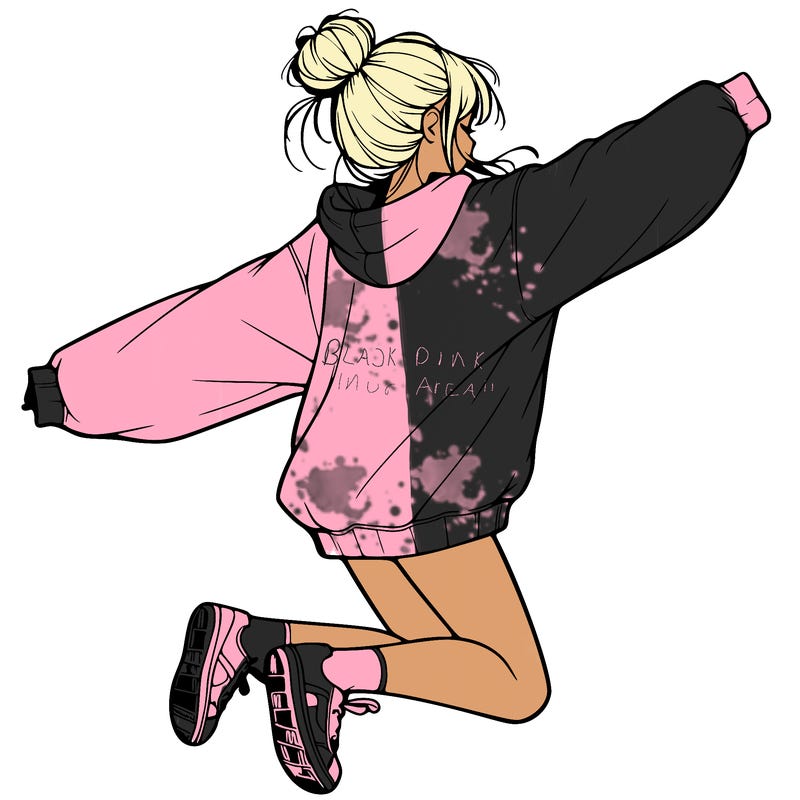 realistic girl jumping with a bun and oversized sweatshirt