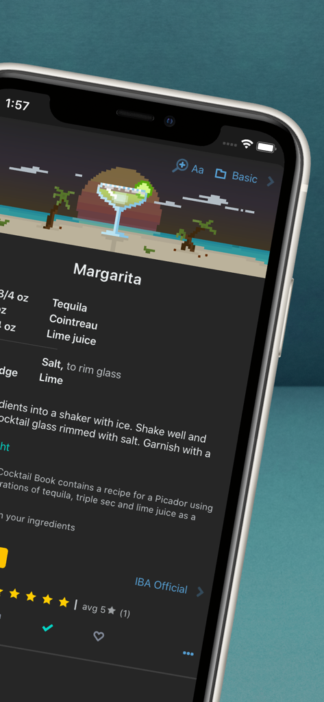 iPhone screen showing the Mixel cocktail app with a Margarita recipe and pixel art illustration