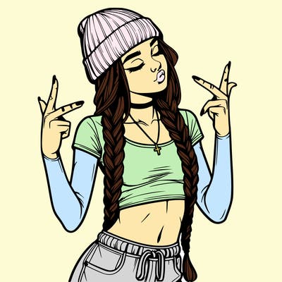 realistic teenage girl with braids and a beanie and crop top doing 🫶🏼