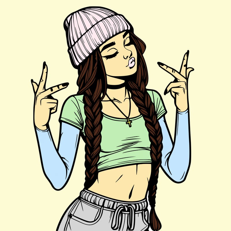 realistic teenage girl with braids and a beanie and crop top doing 🫶🏼