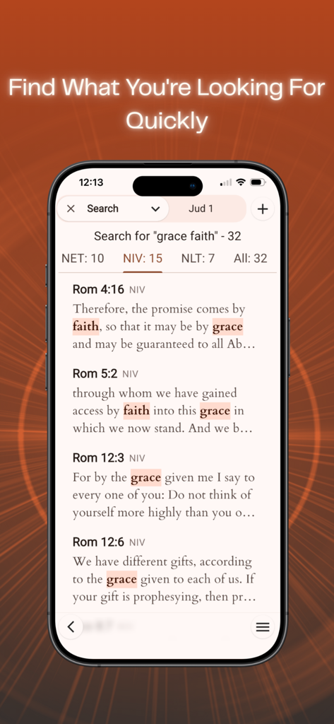 BibleOne - Screenshot of BibleOne app showing search results for grace and faith with highlighted verses across multiple Bible translations