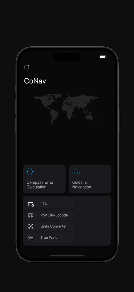 CoNav - Dashboard principale dell'app di navigazione marittima CoNav che mostra strumenti professionali per la navigazione celeste e il calcolo dell'errore di bussola