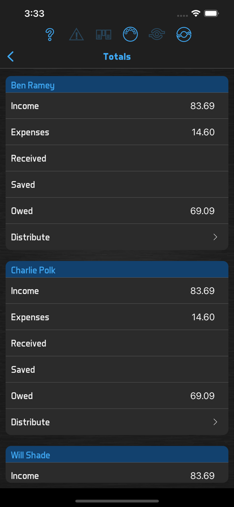 BandHelper - Mobile interface of BandHelper showing financial totals and income distribution for band members