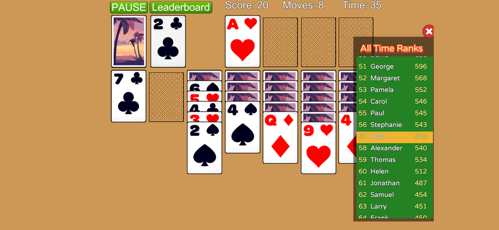 Solitaire Classic Klondike Ace - Juego Solitaire Classic Klondike Ace con cartas grandes y una tabla de clasificación
