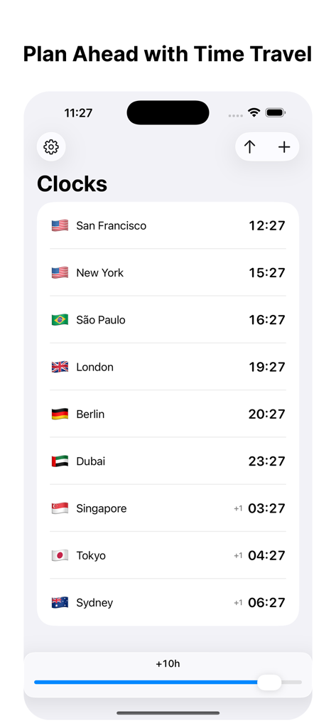 Zone: World Clock - Interfaz de la aplicación Zone que muestra el control deslizante de viaje en el tiempo para previsualizar futuras horas globales.