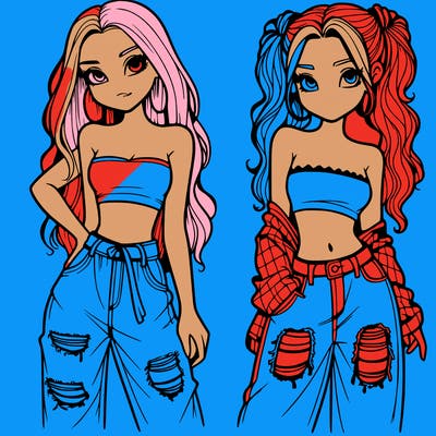 2 girls in crop tops and baggy jeans ripped