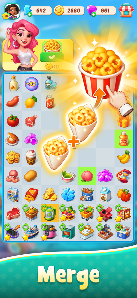 Foodstars: Merge & Cook - Gameplay screenshot of Foodstars Merge and Cook showing ingredients being merged into a popcorn bucket on a puzzle grid.
