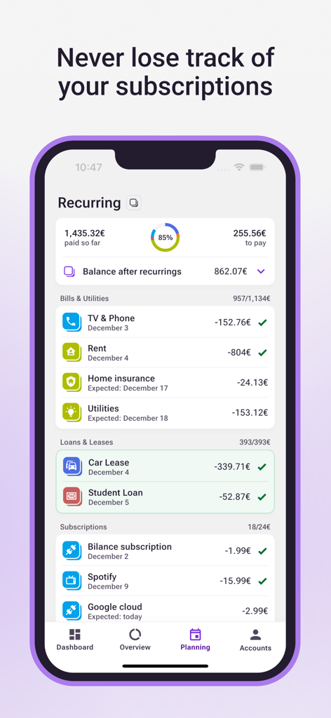 Bilance - Your Money & Budget - Bilance app screen showing a detailed tracker for recurring bills and subscriptions