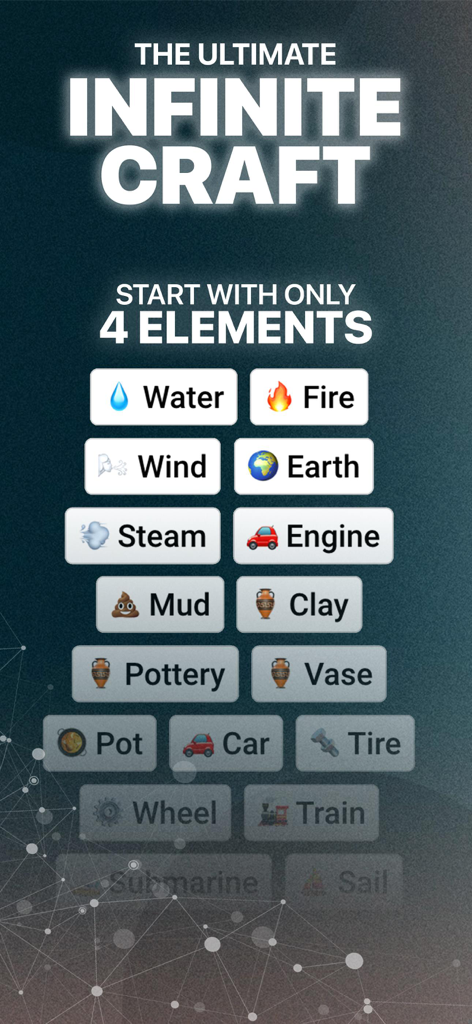 Infinite Craft AI Alchemist - Infinite Craft AI Alchemist mobile game screen showing various craftable elements starting from four basic ones
