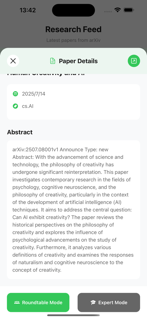 Paperly AI app showing a research paper abstract and interactive reading modes