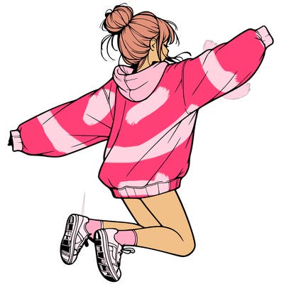 realistic girl jumping with a bun and oversized sweatshirt