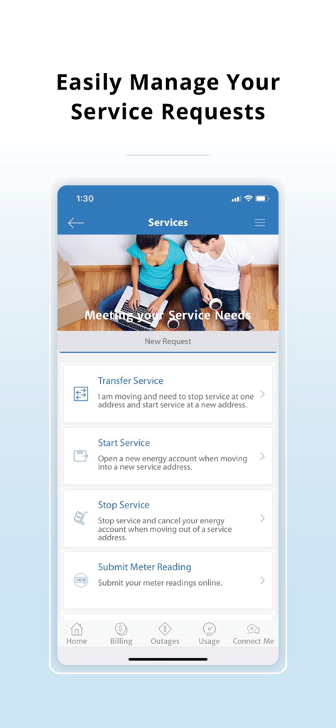 Manitoba Hydro - Manitoba Hydro app screen for managing utility service requests including starting stopping and transferring accounts