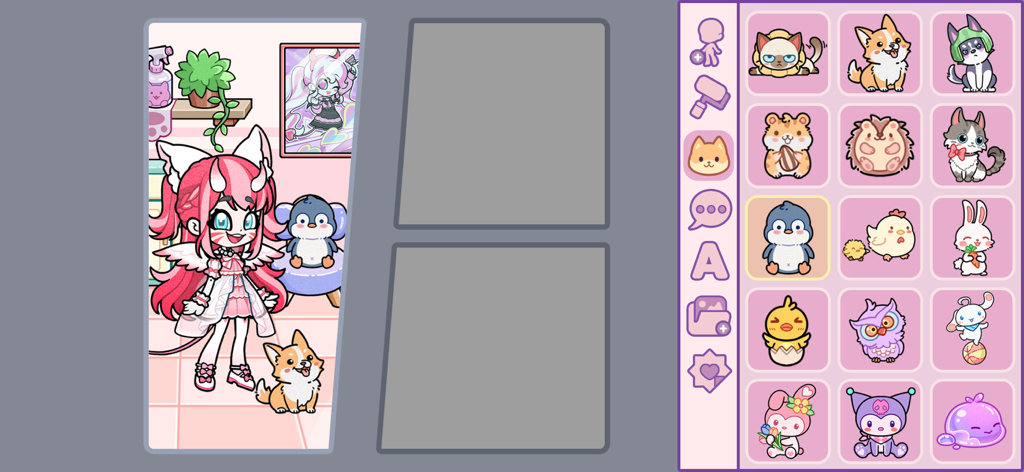 Angela World beauty salon - Interface for designing a comic story with a cute character and various pet stickers in Angela World