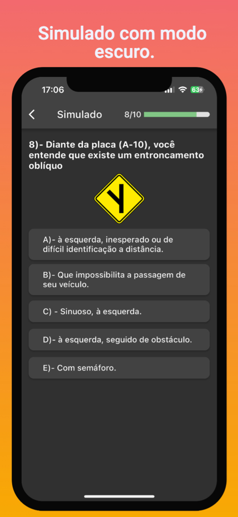 Simulado DETRAN - Aplicativo Simulado DETRAN em modo escuro mostrando uma questão de placa de trânsito da CNH.