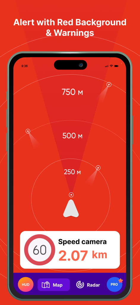 Aplicativo detector de radar de câmera de velocidade exibindo uma tela de alerta vermelho com avisos de distância da câmera