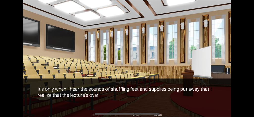 An anime-style university lecture hall scene from a visual novel running in Renpy Pocket.