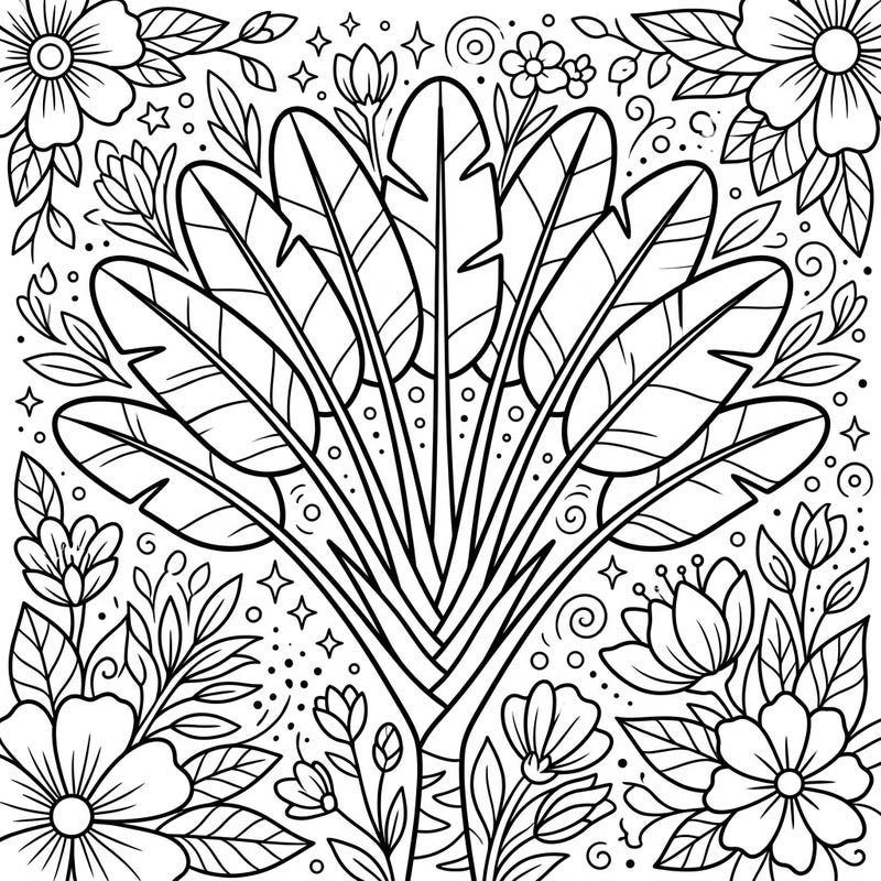 Embrace the vibrant renewal of nature with this Travelers Palm leaf coloring page, intricately detailed with surrounding spring blossoms. It's an ideal artistic escape to celebrate the beauty of growth and fresh beginnings.