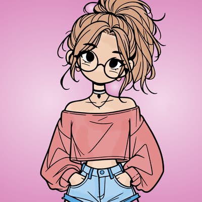 girl with a messy ponytail glasses a baggy crop top and jean shorts