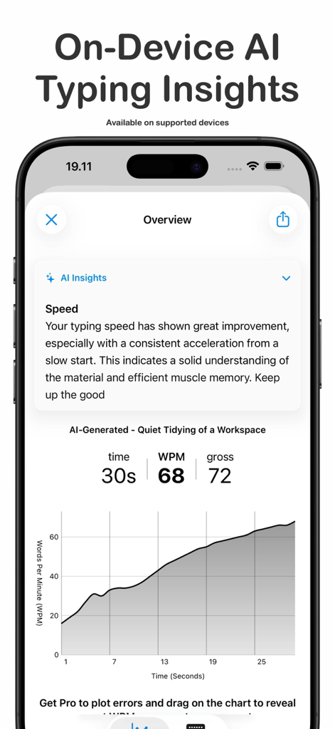 Smartphone screen showing ClickClack typing trainer AI insights with performance feedback and a WPM progress graph