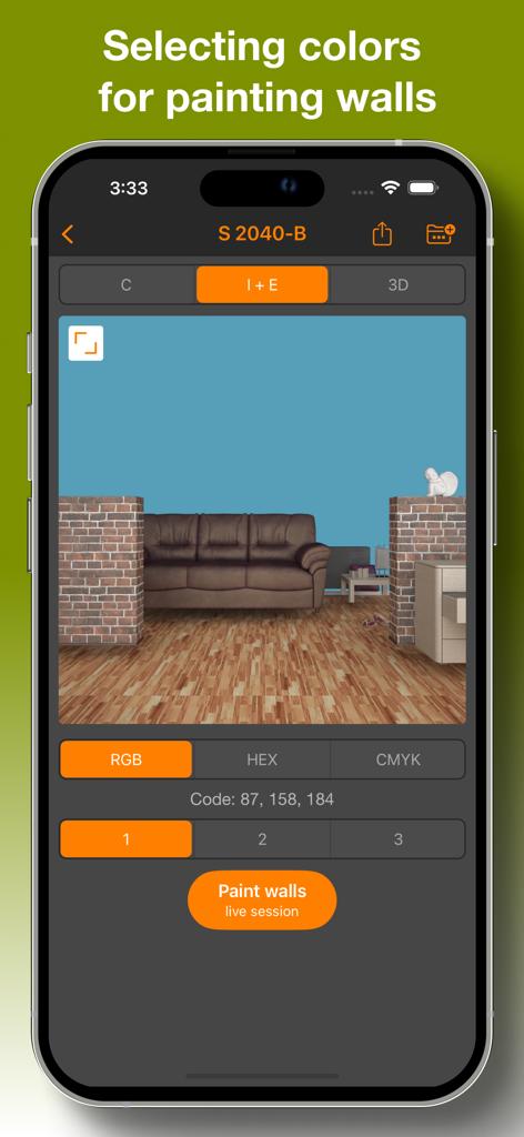 NCS color app showing a 3D room preview for selecting wall paint colors