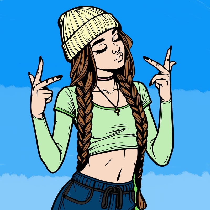 realistic teenage girl with braids and a beanie and crop top doing 🫶🏼