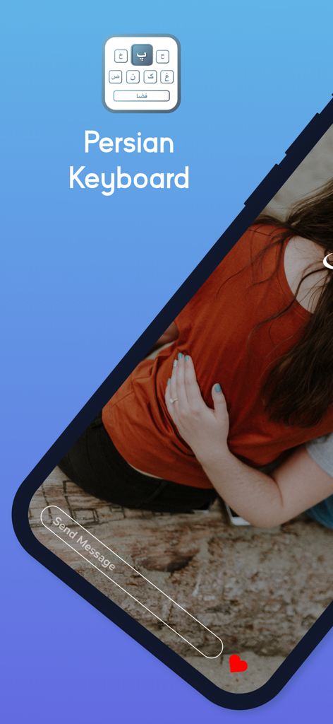 Persian Keyboard - Farsi Keys - Promotional graphic for the Persian Keyboard app featuring a smartphone and Farsi characters on a blue background