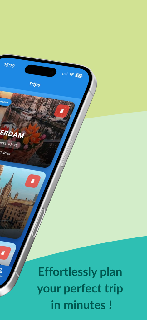A mobile app interface for Routly AI displaying saved travel itineraries like Amsterdam with a text overlay about effortless planning.