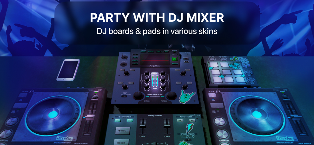 Party Mixer 3D: DJ Mix Studio - 3D DJ mixer interface with dual turntables and pads