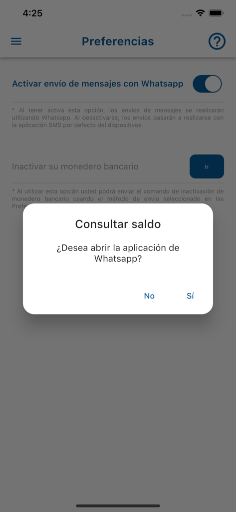 Caja de ANDE SINPE Móvil - Schermata delle preferenze dell'app Caja de ANDE SINPE Movil con un popup di notifica WhatsApp