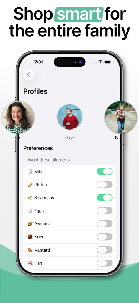 Food Scanner - Allergen Check - Interfaz de la aplicación Food Scanner mostrando perfiles familiares personalizados para gestionar alergias alimentarias y preferencias dietéticas.