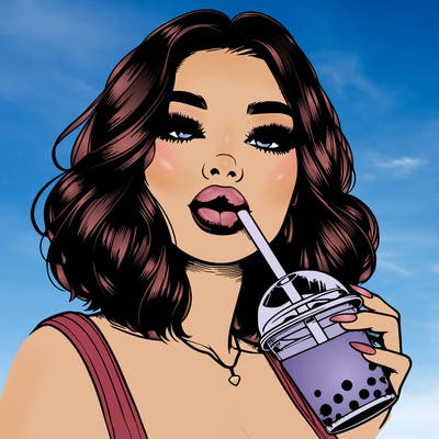 realistic girl with glossy lips holding boba