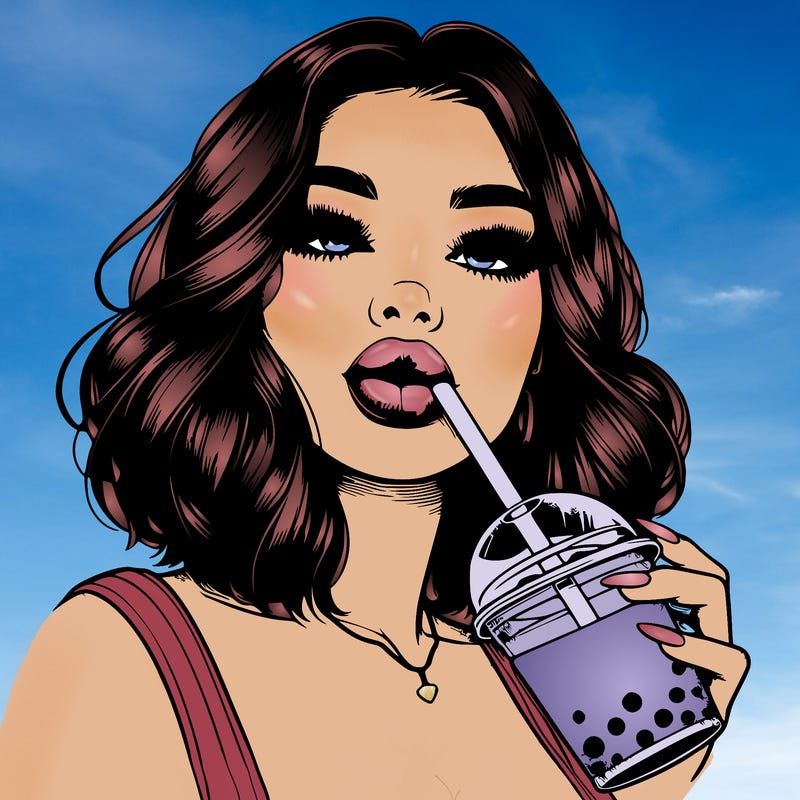 realistic girl with glossy lips holding boba