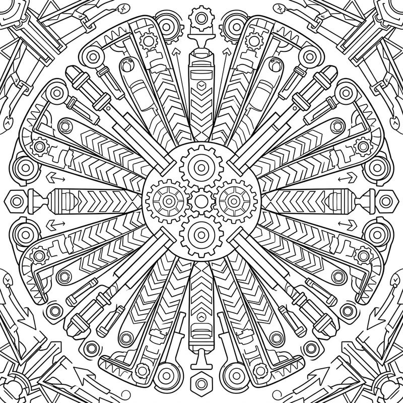 Discover a truly unique coloring experience with this Asphalt Paver Mandala, blending industrial mechanics into a mesmerizing symmetrical design. Dive into a world of gears, tracks, and rollers, perfect for hours of creative relaxation.